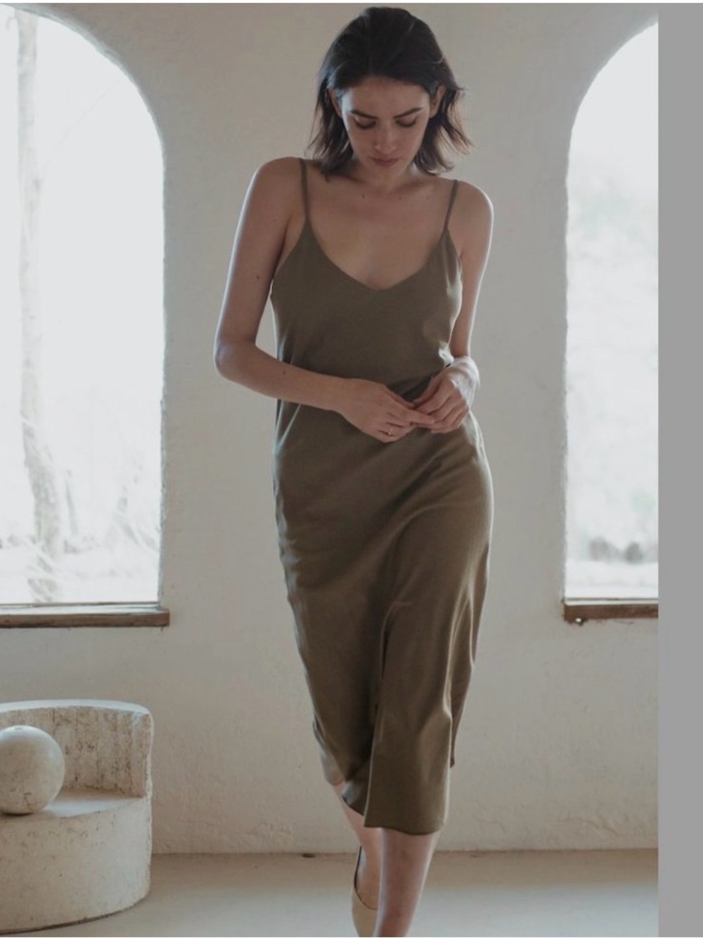 OZMA Olive Slip Maxi Dress with V-Neck Spaghetti Straps